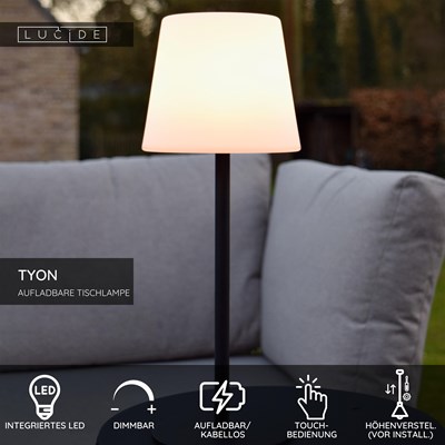 Lucide TYON - wiederaufladbare Tischlampe Innen/Außen - Akku/Batterie - LED Dim. - 1x2W 2700K - IP65 - Schwarz